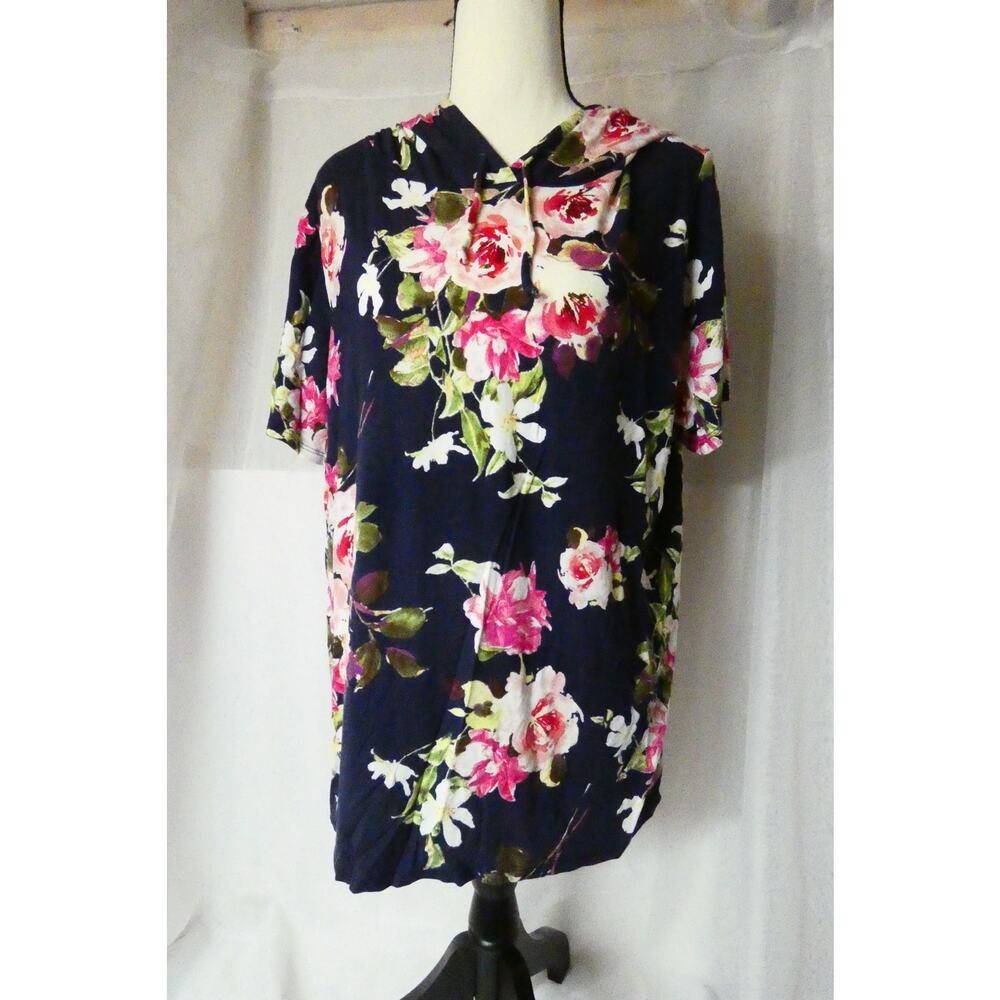 1 Clique Women's Large Hooded Short Sleeve Blouse Floral Lightweight